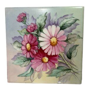 VINTAGE WHEELING CUSHION CERAMIC POTTERY TILE FLORAL 6"X6" PINK CARNATIONS NOS